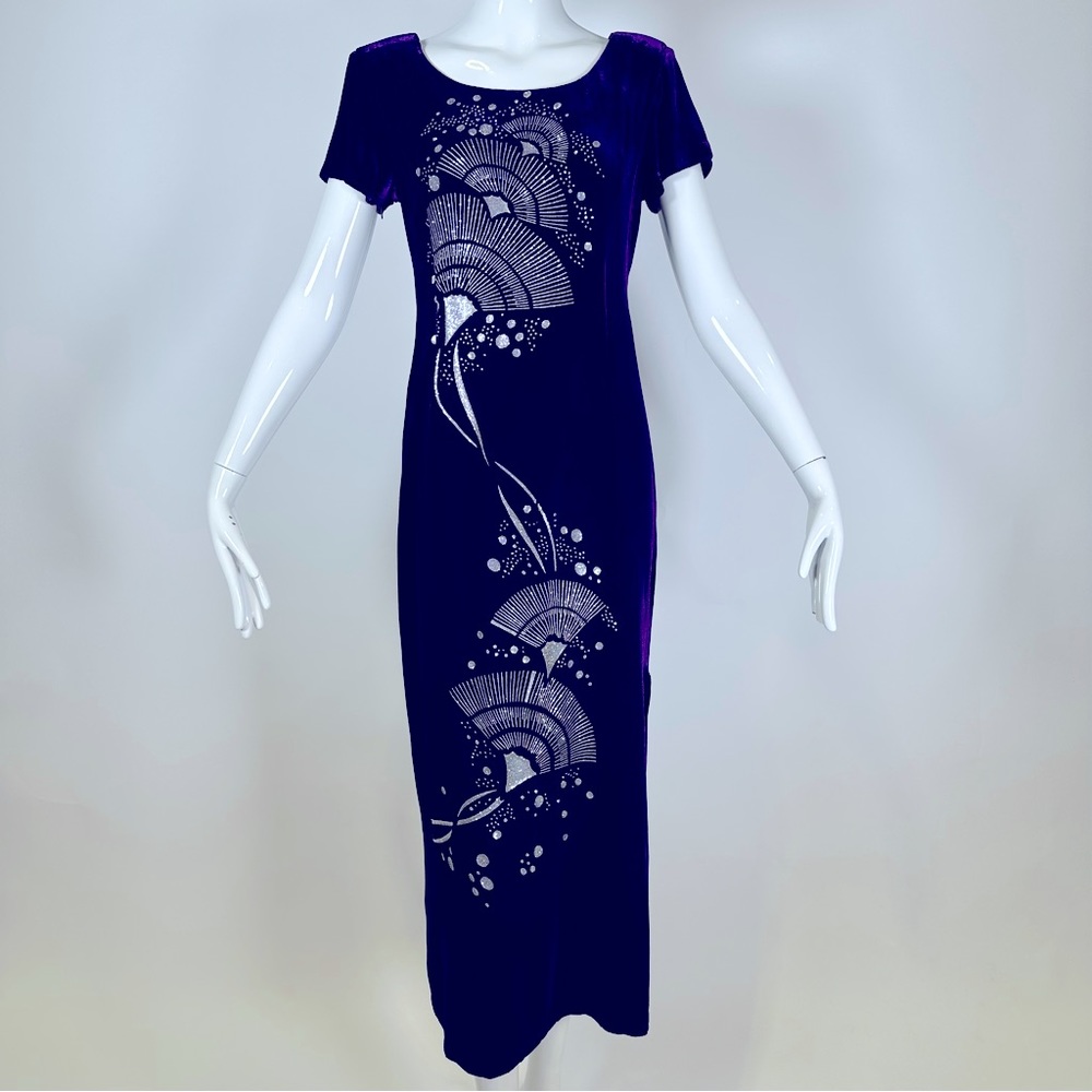 60’s Cheongsam Chinese Dress Midi Velvet Glitter Fan Detail Scoop Neck Blue ML